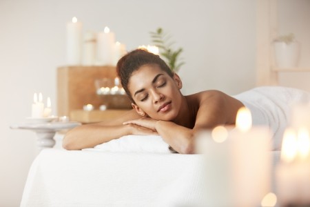 tender african woman resting relaxing spa salon